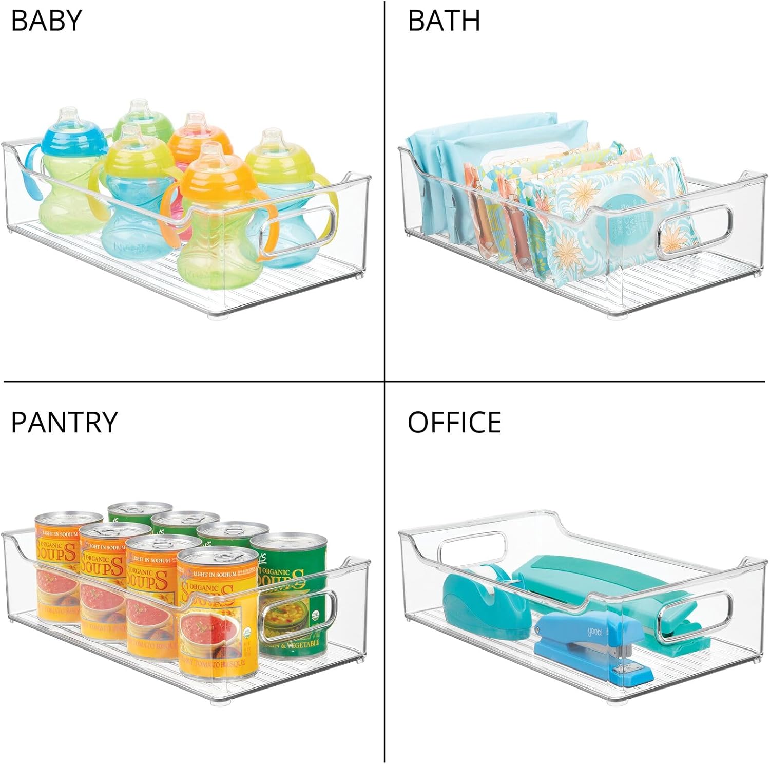 Wide Plastic Kitchen Storage Container Bins with Handles -Organization in Pantry, Cabinet, Refrigerator or Freezer Shelves - Food Organizer for Fruit, Yogurt, Squeeze Pouches - 2 Pack - Clear - view 7