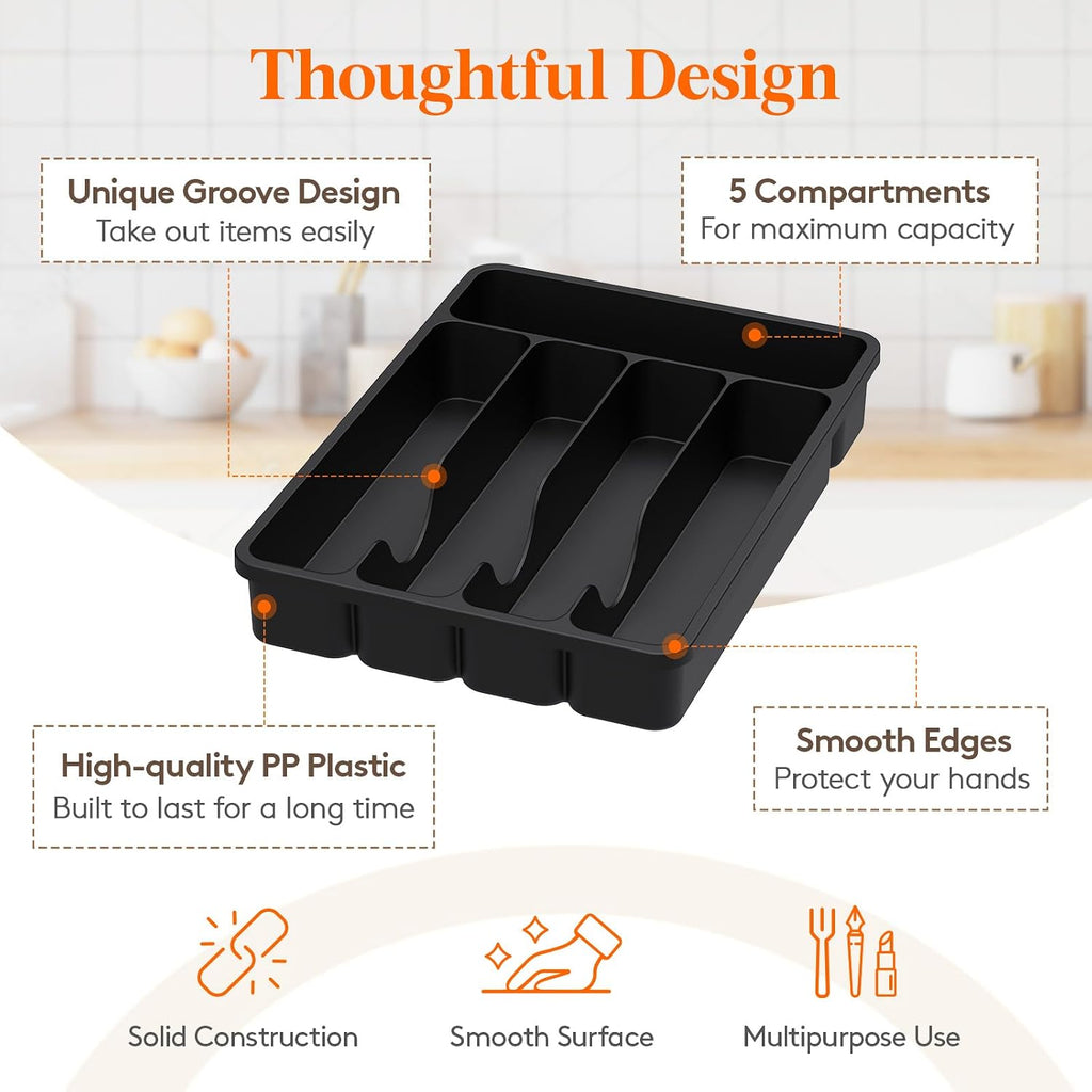 Silverware organizer with lid, covered utensil tray for kitchen drawer and countertop, plastic cutlery and flatware storage box for spoons forks knives holder case, 23 x 32 cm, black - view 6