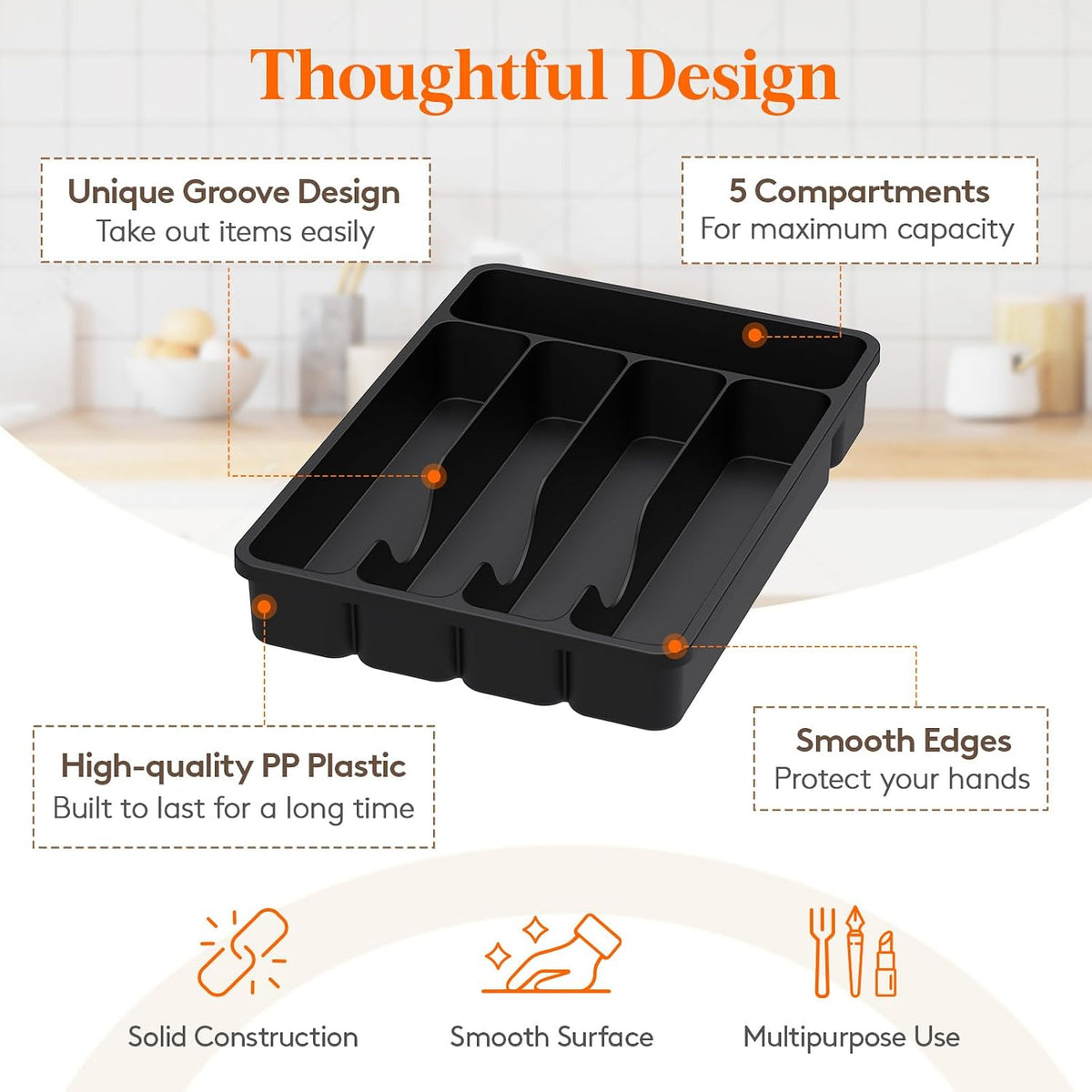Silverware organizer with lid, covered utensil tray for kitchen drawer and countertop, plastic cutlery and flatware storage box for spoons forks knives holder case, 23 x 32 cm, black - view 6