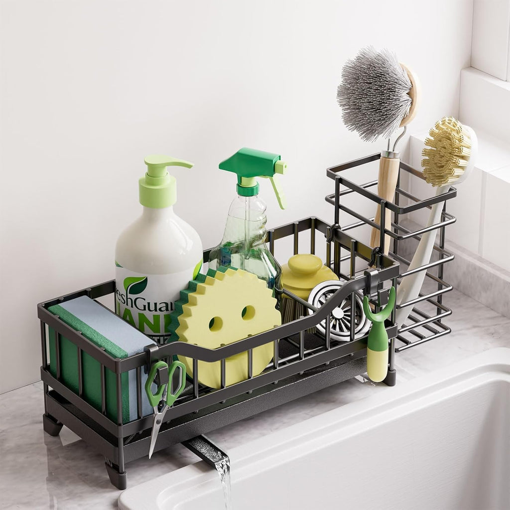 Sponge Holder for Kitchen Sink, Kitchen Sink Caddy with Long-Handled Dish Brushes Holder, 304 Rustproof Stainless Steel Countertop Organizers and Storage, Home Kitchen Sink Accessories (Black)