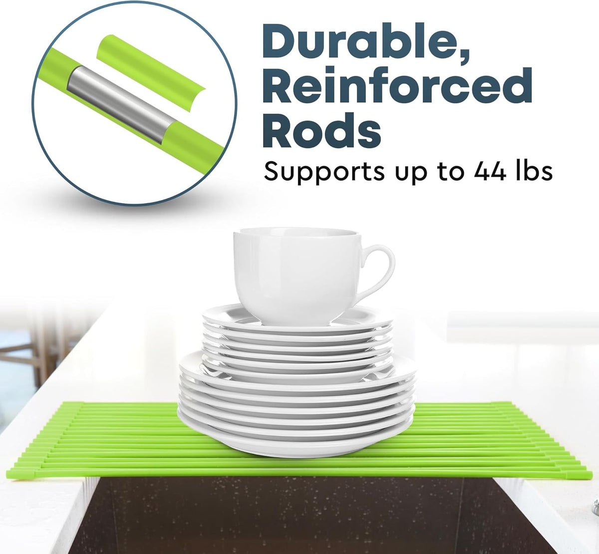 Zulay Kitchen Large Roll Up Dish Drying Rack - Heavy Duty Silicone Wrapped Steel Rods Over Sink Dish Drying Rack - Versatile Roll Up Sink Drying Rack & Trivet - Green,20.5 inches x 13 inches - view 6