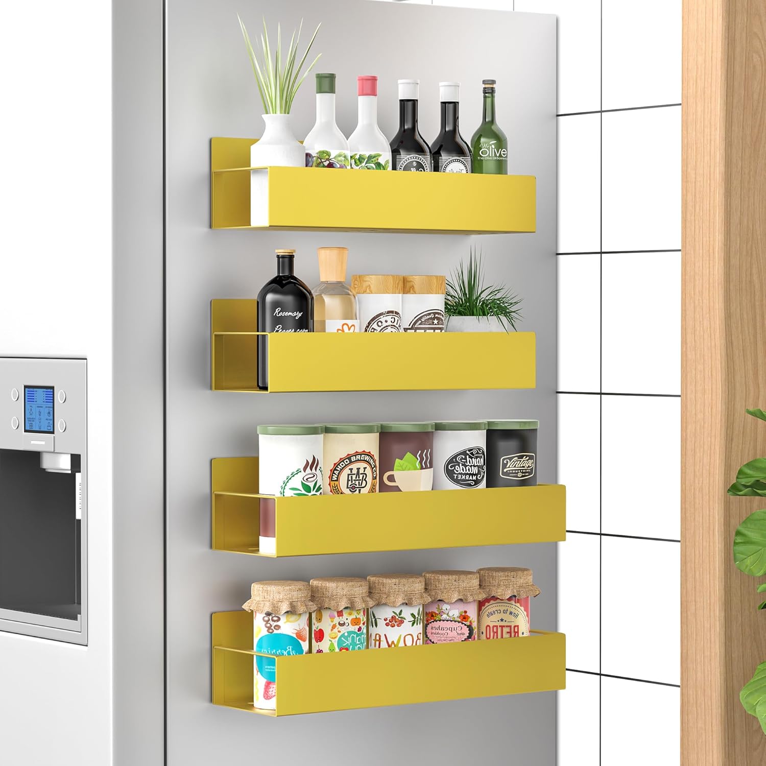 4 Pack Magnetic Spice Storage Rack Organizer for Refrigerator and Oven, Gold Fridge Organizers and Storage