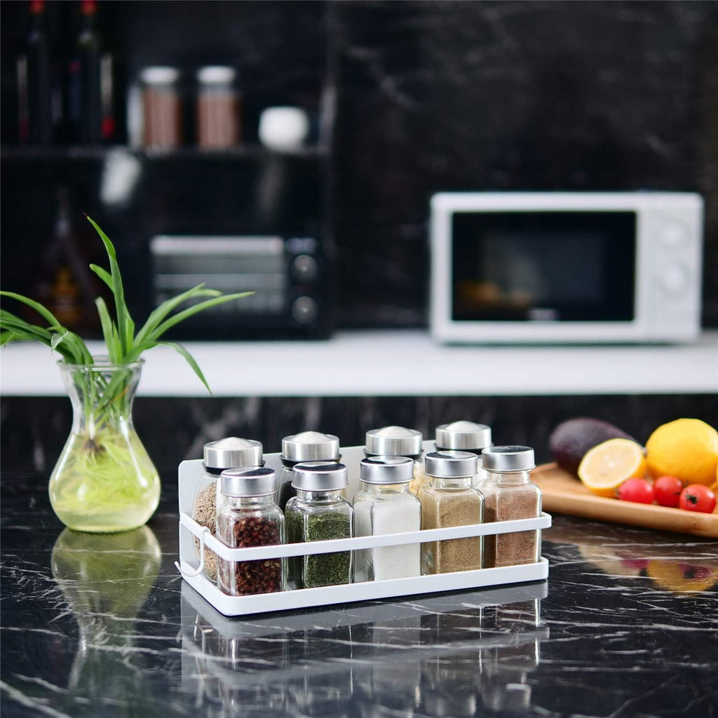 Magnetic spice rack, strong magnetic shelf with 2 removable hooks, perfect space saver for small kitchen/ apartment, awesome metal cabinet for holding spices, jars, salt (white, 2 pack) - view 3