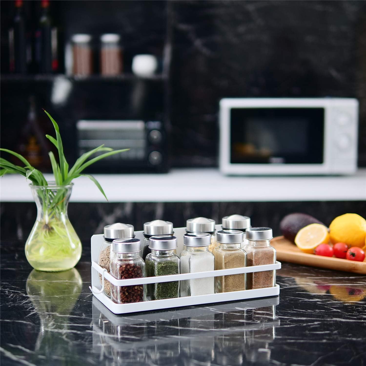 Magnetic spice rack, strong magnetic shelf with 2 removable hooks, perfect space saver for small kitchen/ apartment, awesome metal cabinet for holding spices, jars, salt (white, 2 pack) - view 3