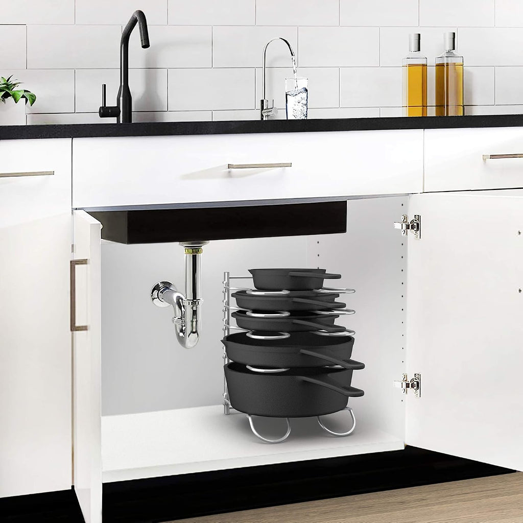 Heavy Duty Pan Rack, Pot Lid Rack, Kitchen Cabinet Pantry Cookware Organizer Rack Holder with 5 Adjustable Dividers, Chrome - view 7