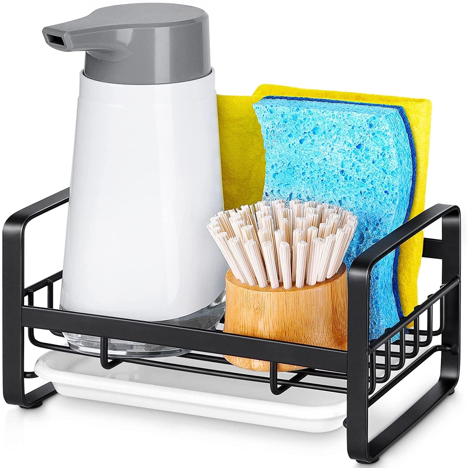 Kitchen Sink Sponge Holder, 304 Stainless Steel Kitchen Soap Dispenser Caddy Organizer, Countertop Soap Dish Rack Drainer with Removable Drain Tray, not Including Dispenser and Brush | Removable Drain Tray, Holds Sponges Soap Bottles Brushes, Countertop S - view 5