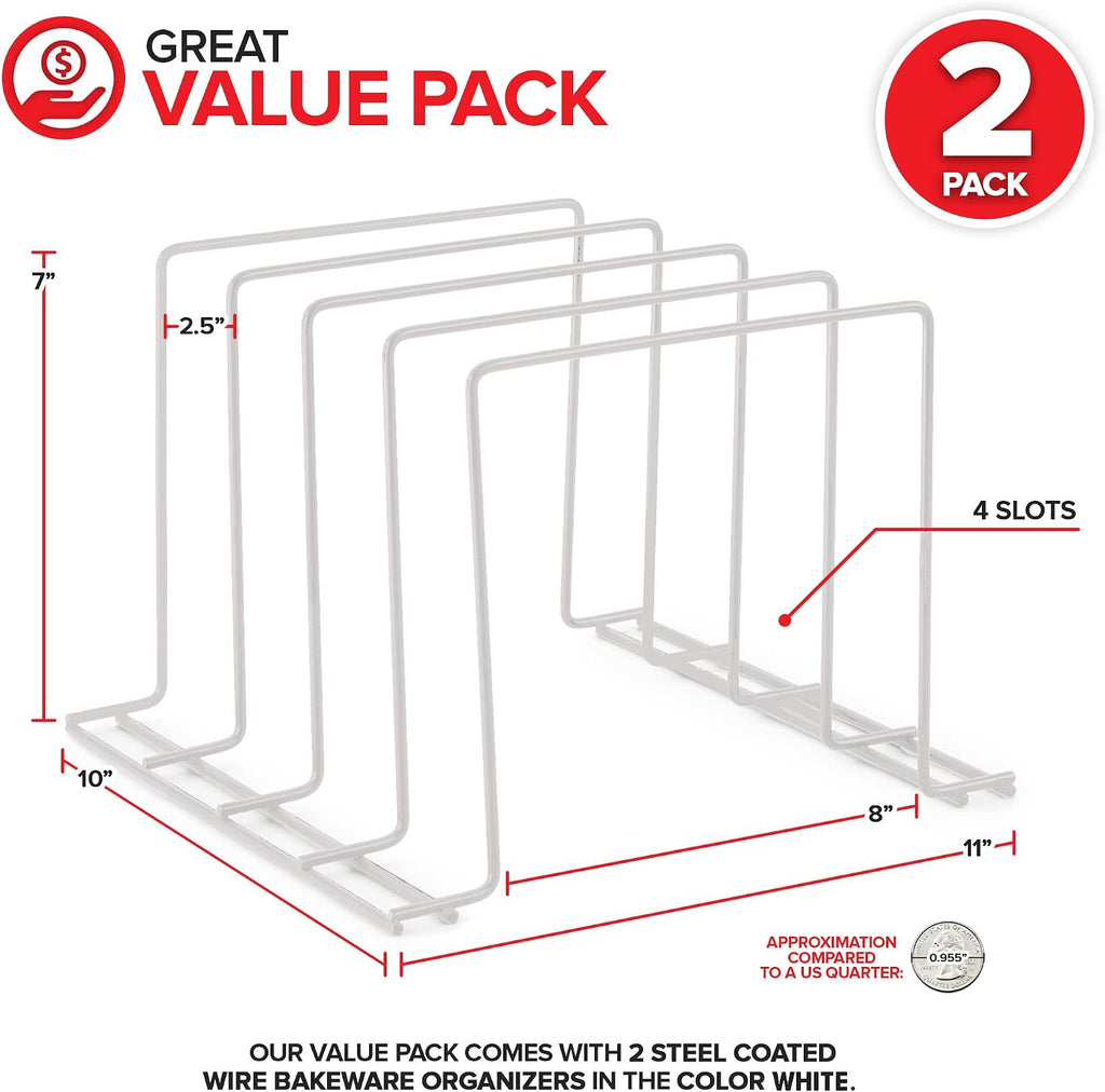 Kitchen Cabinet Organizer, White (2 Pack) Steel Baking Sheet Holder with 4 Slots for Cabinet, Bakeware Organizer, Divider for Cutting Boards, Pot Lids, Pan Lids, Cookie Sheets - view 2