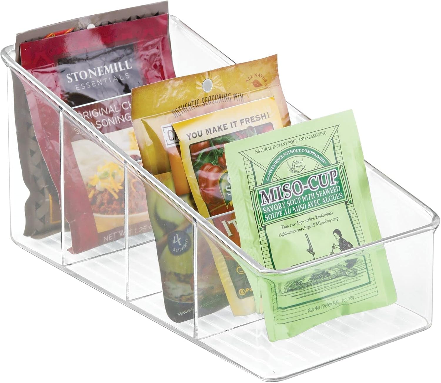 Plastic 4-Section Food Packet Organizer - Storage for Kitchen, Pantry, Cabinet, or Countertop - Organization for Spice Packets, Hot Chocolate, Seasoning Pouches, Ligne Collection, Clear - view 6