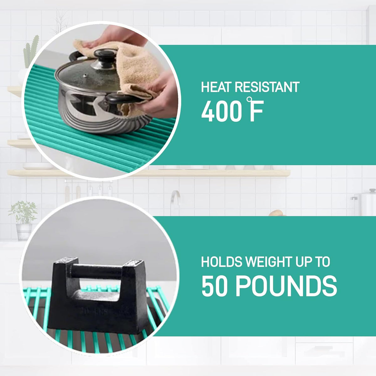 Dish Rack Over Sink, Roll Up Dish Drying Rack | Silicone & Stainless Steel Dish Drainer, Dish Drying Mat, Space Saving Drying Rack (Green, Medium) - view 5