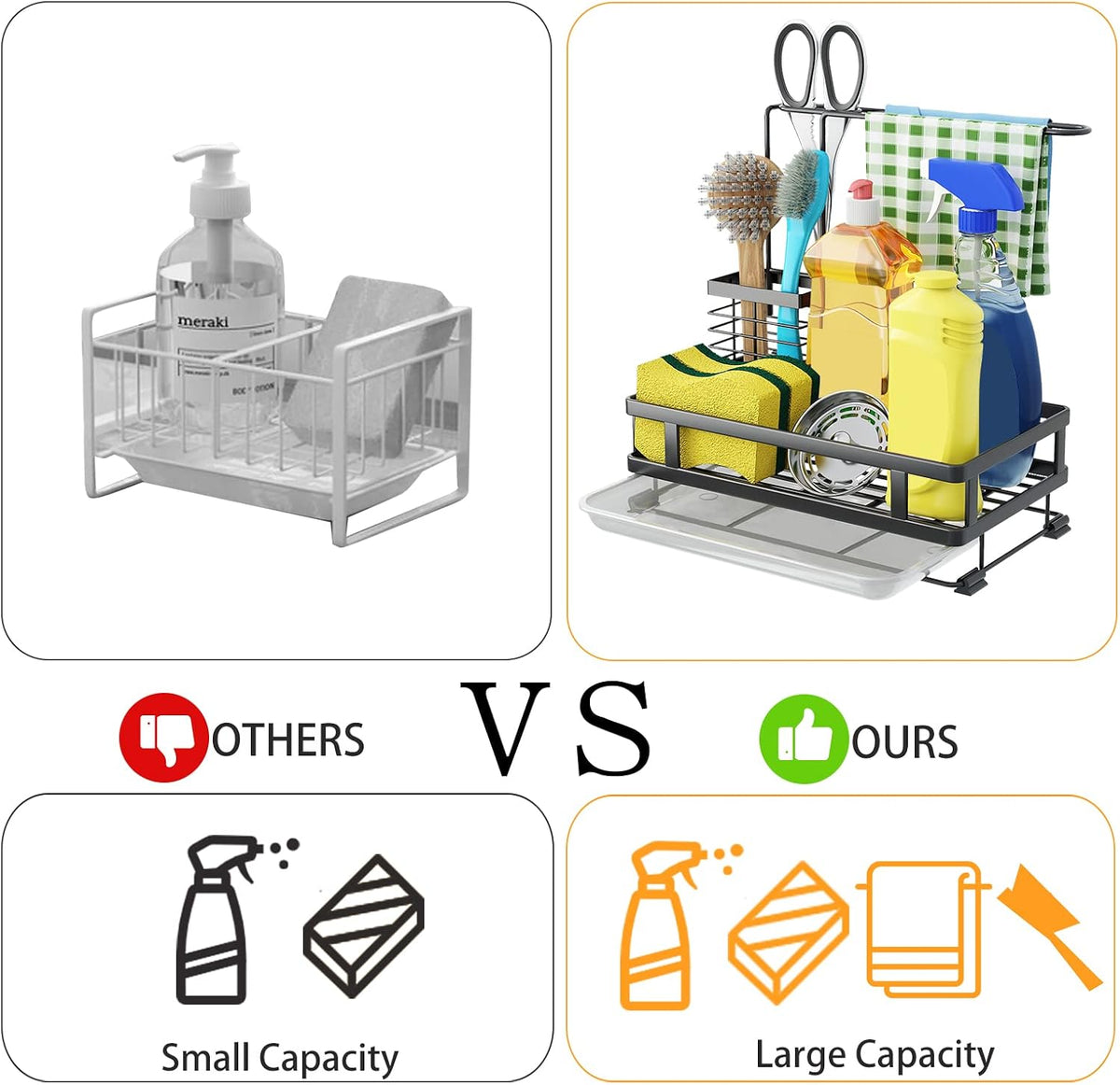 Kitchen Sink Organizer with Brush Rack - Sink Caddy with Drain-Pan | Stainless Steel Sponge Holder for Kitchen Sink with Towel Rack, Organizer for Dish Soap Dispenser, 10.5"L × 5.9"W × 10.5"H - view 3