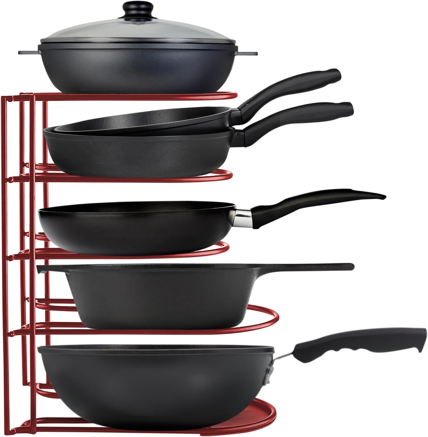Heavy-duty pots and pans organizer | 5-tier cookware & lid storage rack | free-standing or wall-mount | kitchen organizer for cast iron skillets, pots, frying pans, lids | red