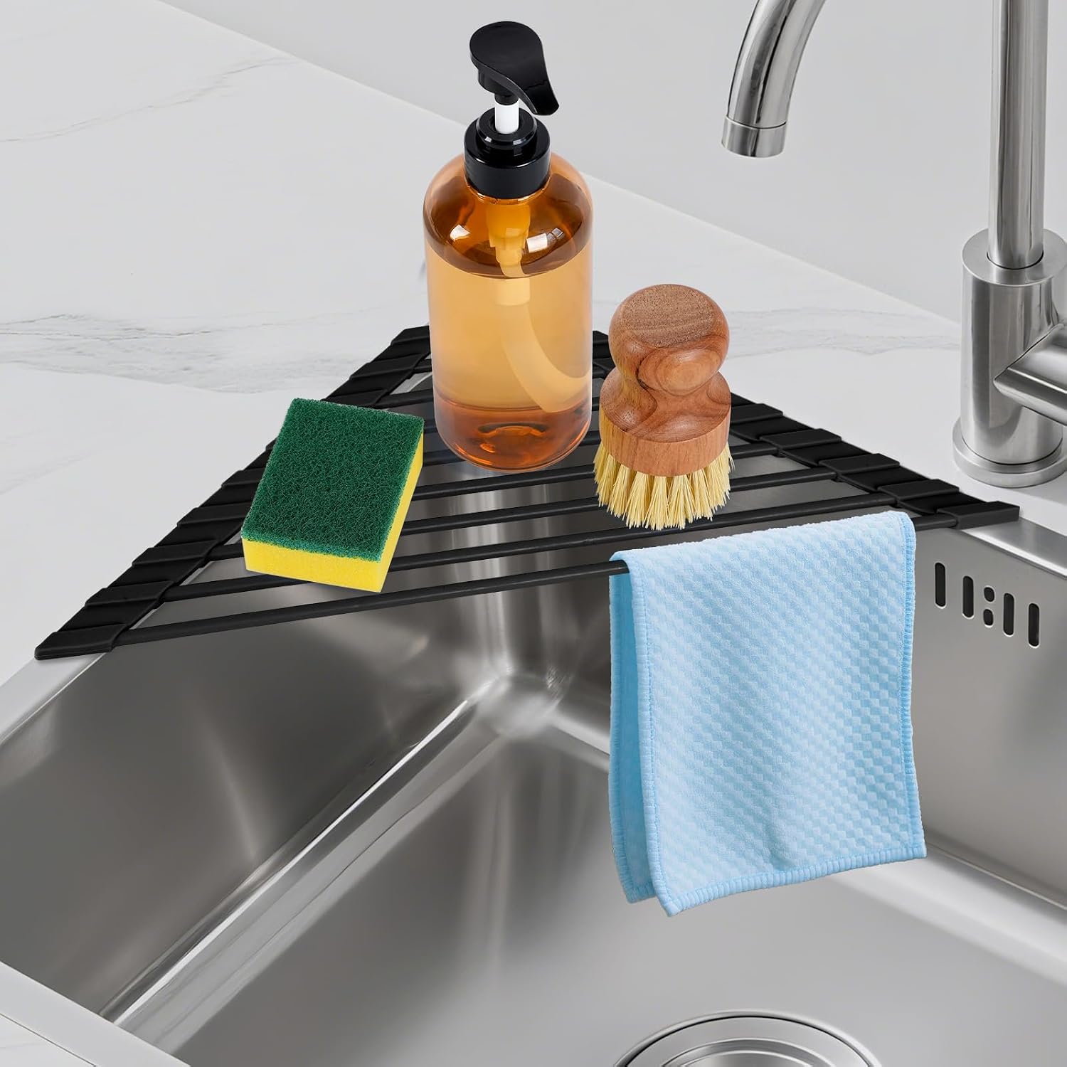 Roll Up Dish Drying Rack Over The Sink Kitchen Roll Up Sink Drying Rack Multipurpose Foldable Sink Drying Mat, Heat-Resistant, Anti-Slip & Anti-Rust Dish Rack for Kitchen, 17" x 13", Black - view 8