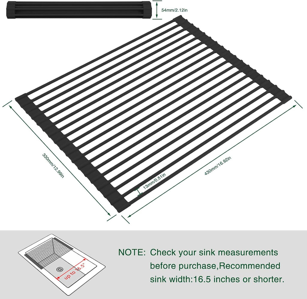 Roll Up Dish Drying Rack Over The Sink Kitchen Roll Up Sink Drying Rack Multipurpose Foldable Sink Drying Mat, Heat-Resistant, Anti-Slip & Anti-Rust Dish Rack for Kitchen, 17" x 13", Black - view 2