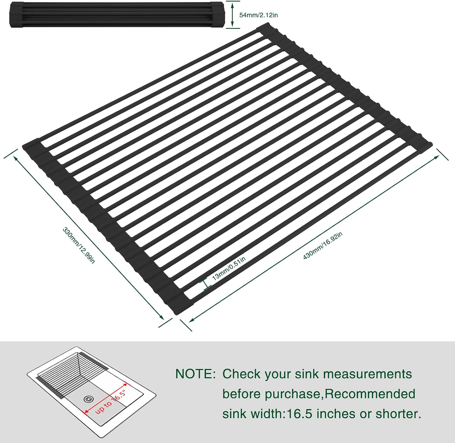 Roll Up Dish Drying Rack Over The Sink Kitchen Roll Up Sink Drying Rack Multipurpose Foldable Sink Drying Mat, Heat-Resistant, Anti-Slip & Anti-Rust Dish Rack for Kitchen, 17" x 13", Black - view 2