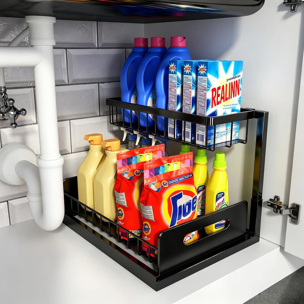 Under sink organizer, L-shaped pull out cabinet organizer, kitchen | 2 tier metal slide out shelf for kitchen, bathroom, laundry, and utility cabinet storage for deep cabinets, black, 1 pack
