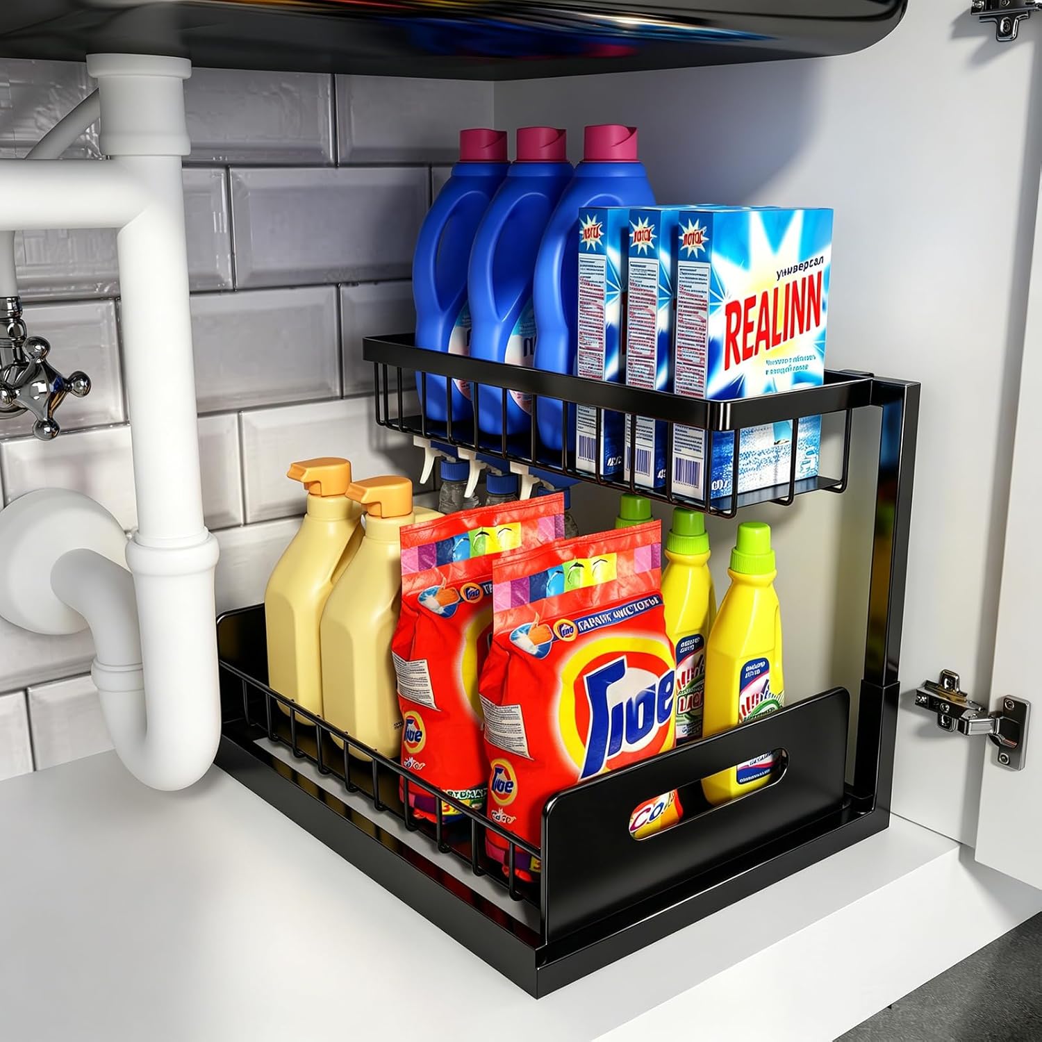 Under sink organizer, L-shaped pull out cabinet organizer, kitchen | 2 tier metal slide out shelf for kitchen, bathroom, laundry, and utility cabinet storage for deep cabinets, black, 1 pack