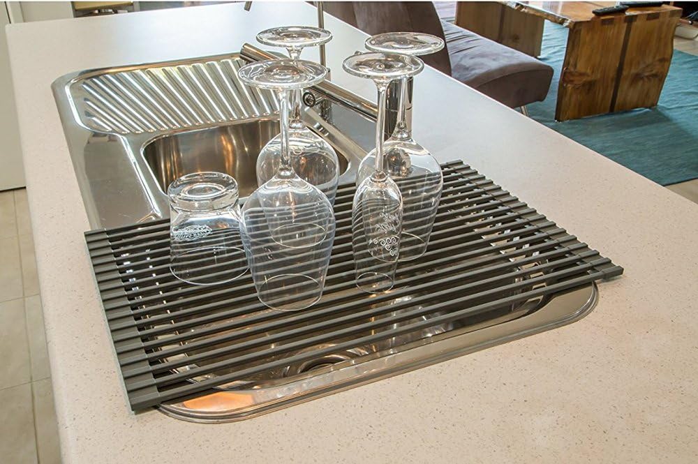 Large Roll up Dish Drying Rack 20.5'' Silicone Over Sink Dish Drying Rack Cubic Silicone Wrapped Steel Solid Bars Dish Racks for Kitchen Counter Sink Drying Rack (Matte Black, Large20.5"Lx13"W) - view 3
