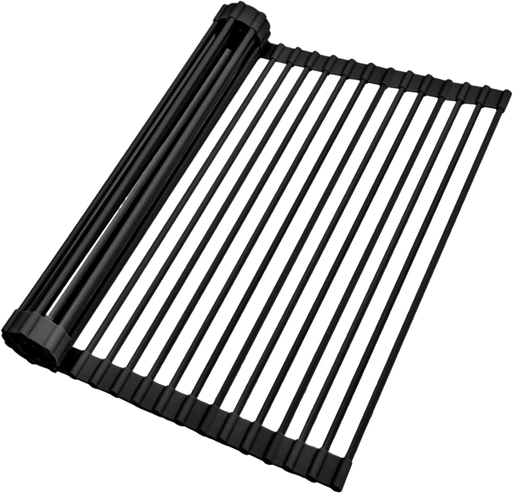 Over The Sink Dish Drainer Drying Rack, 17.6" W x 15.4" L Roll Up Dish Racks Kitchen Sink Organizer Silicone Wrapped Large in Sink Dish Drying Rack Foldable Rolling Drain Mats Anti-Slip
