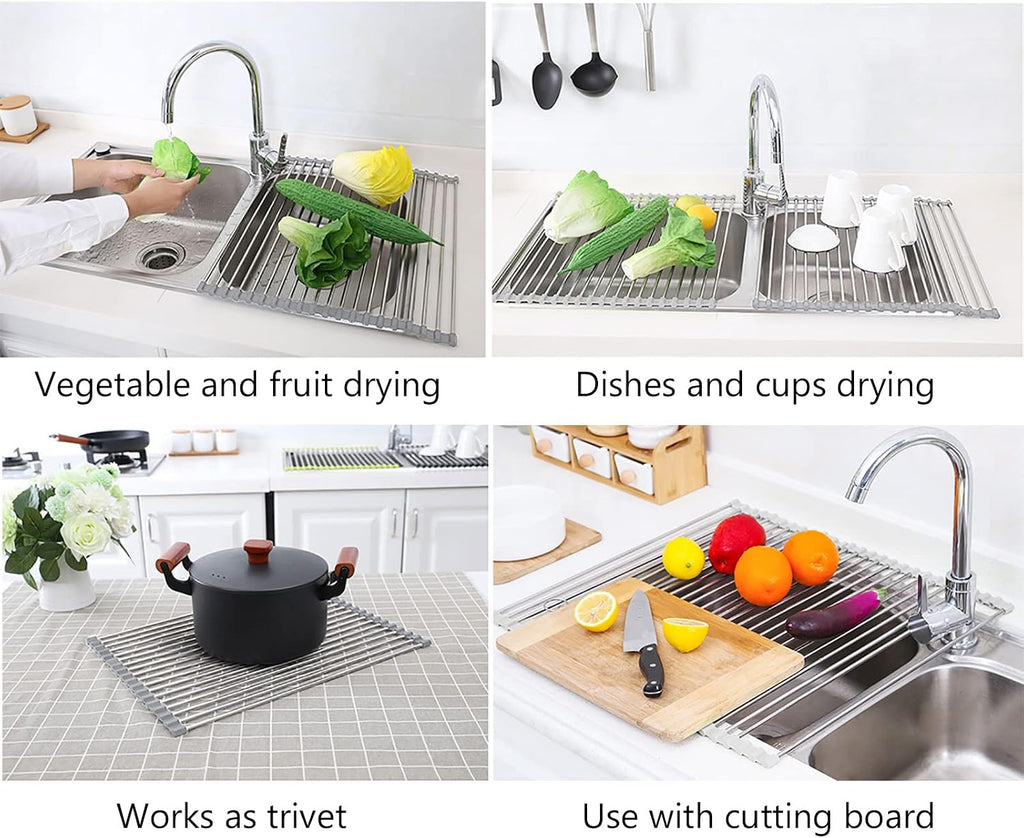 17.7" x 15.5" Roll Up Dish Drying Rack Over Sink Drying Rack Sink Cover Kitchen Sink Accessories Gadget Multipurpose Organizer Foldable Stainless Steel Drainer (Grey) | Anti-Slip Silicone Rims For Grip, Heat-Resistant Trivet Mat Holding Heavy Cookware, Ru - view 8