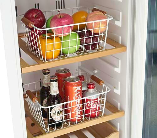 Wire Kitchen Storage Basket 2 Packs,Perfect Pantry Organization Accessories Baskets,Laundry Basket,With a Wooden Handle,Suitable for Kitchen,Bathroom,Bedroom,Tabletop,Stackable,White - view 6