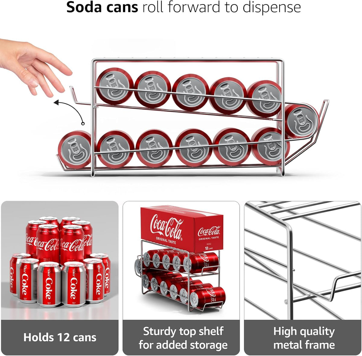 Soda Can Rack Beverage Dispenser 12 Can Dispenser Organizer for Refrigerator (2 Pack, Silver) - view 4