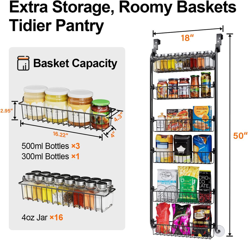 Delamu Over the Door Pantry Organizer, 6-Tier Metal Pantry Door Organization and Storage, Hanging Kitchen Basket Spice Rack Seasoning Shelves, Cabinet Door Organizer for Easy Install,D5xW18xH50inch - view 3
