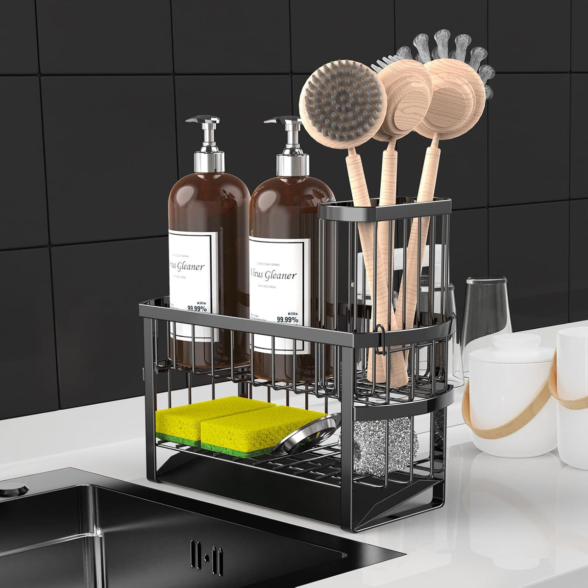 Kitchen Sink Organizer Caddy, 2 Tier Sink Caddy Organizer with High Brush Holder, Rust-Proof Countertop Rack (Black 10.6 * 4.3 * 5.7") for Kitchen Accessories & Dish Brushes - view 2