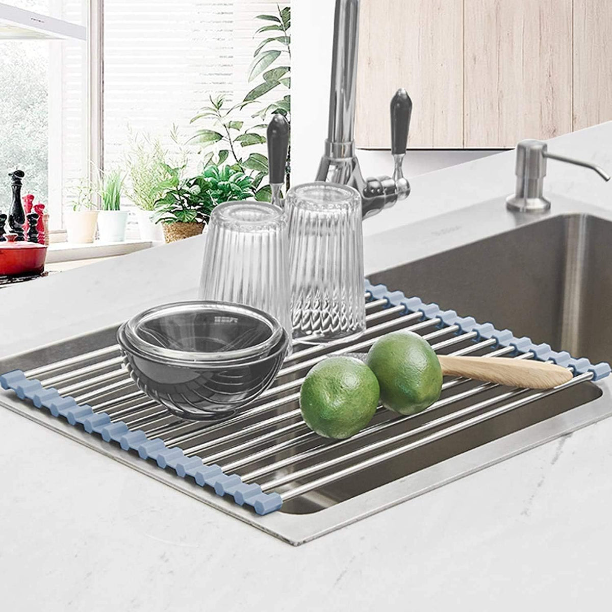 Roll Up Dish Drying Rack, Over the Sink Dish Drying Rack Kitchen Rolling Dish Drainer, Foldable Sink Rack Mat Stainless Steel Wire Dish Drying Rack for Kitchen Sink Counter Storage 17.5x11.8 - view 2