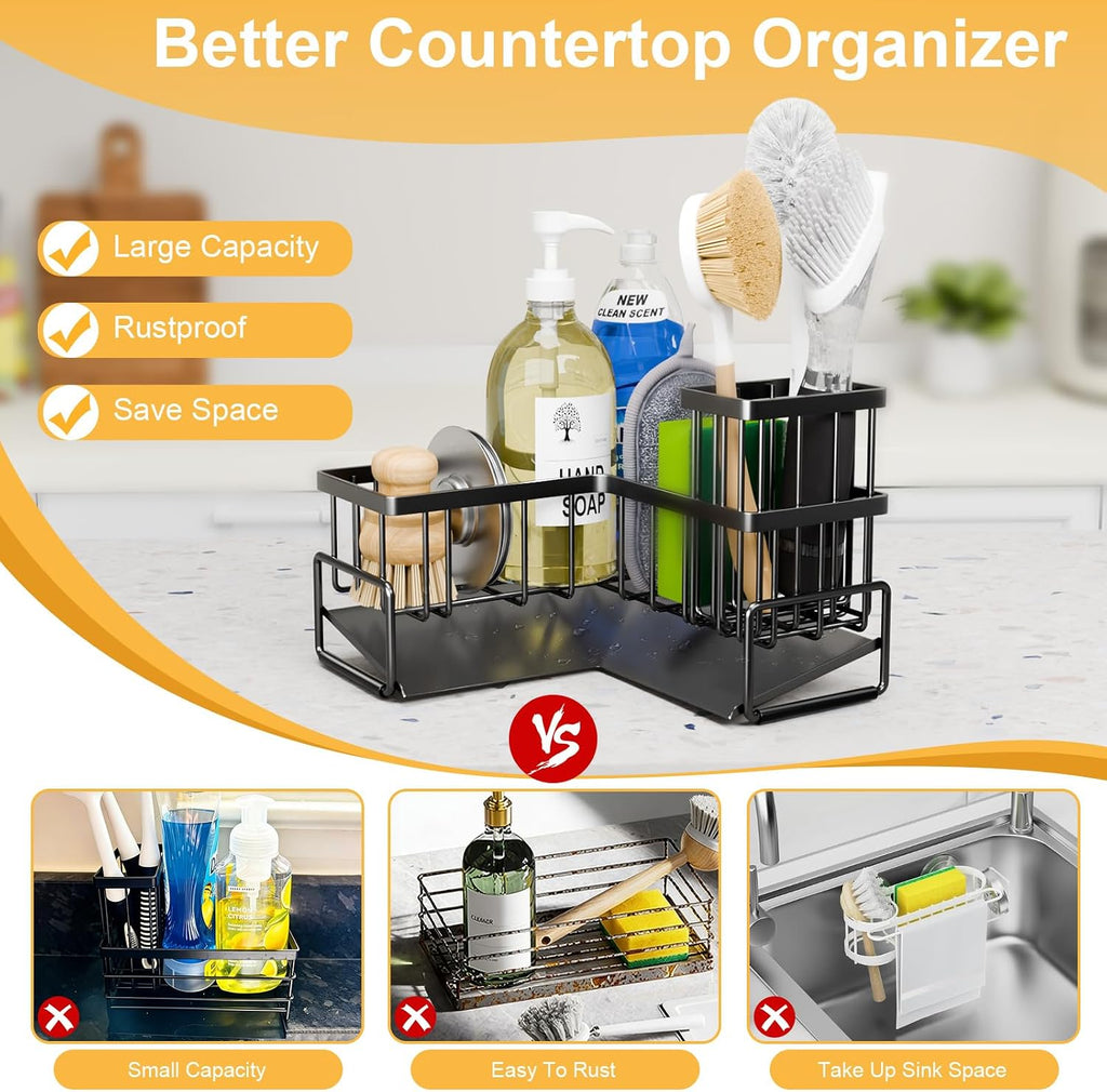 Kitchen L-Shaped Sponge Holder - Large Metal Sponge Sink Caddy | Black Metal Corner Sponge Caddy, Sloped Drain Tray for Sink, Kitchen Countertop Organizer Holds Soap Brush Sponge Non-Slip - view 6