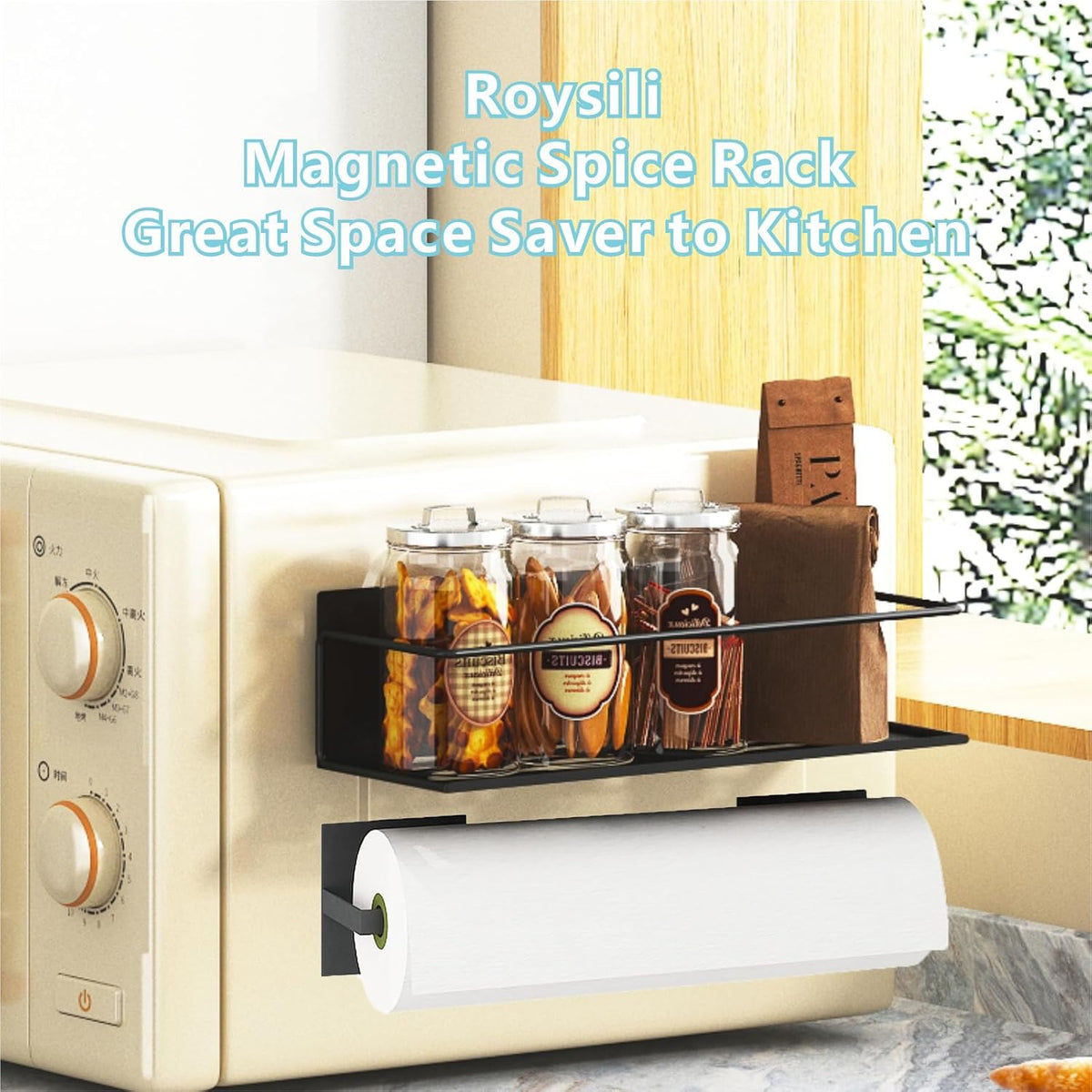 Magnetic spice rack for refrigerator, magnetic fridge shelf for kitchen, magnetic shelf for fridge space saving black 4 pack with magnetic paper towel holder - view 7