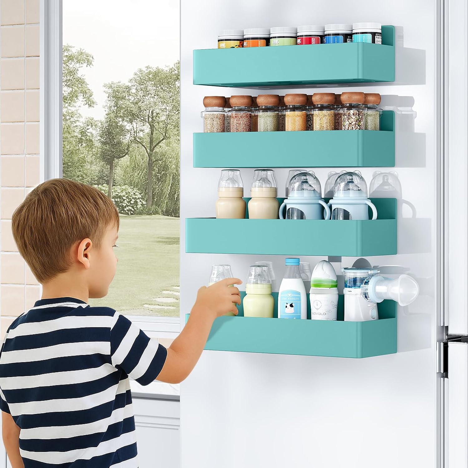 Magnetic spice rack for refrigerator, kitchen organizer and storage shelf, blue (2 pack) - view 2