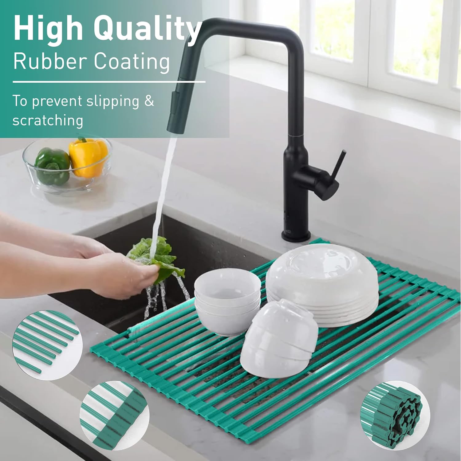 Dish Rack Over Sink, Roll Up Dish Drying Rack | Silicone & Stainless Steel Dish Drainer, Dish Drying Mat, Space Saving Drying Rack (Green, Medium) - view 4