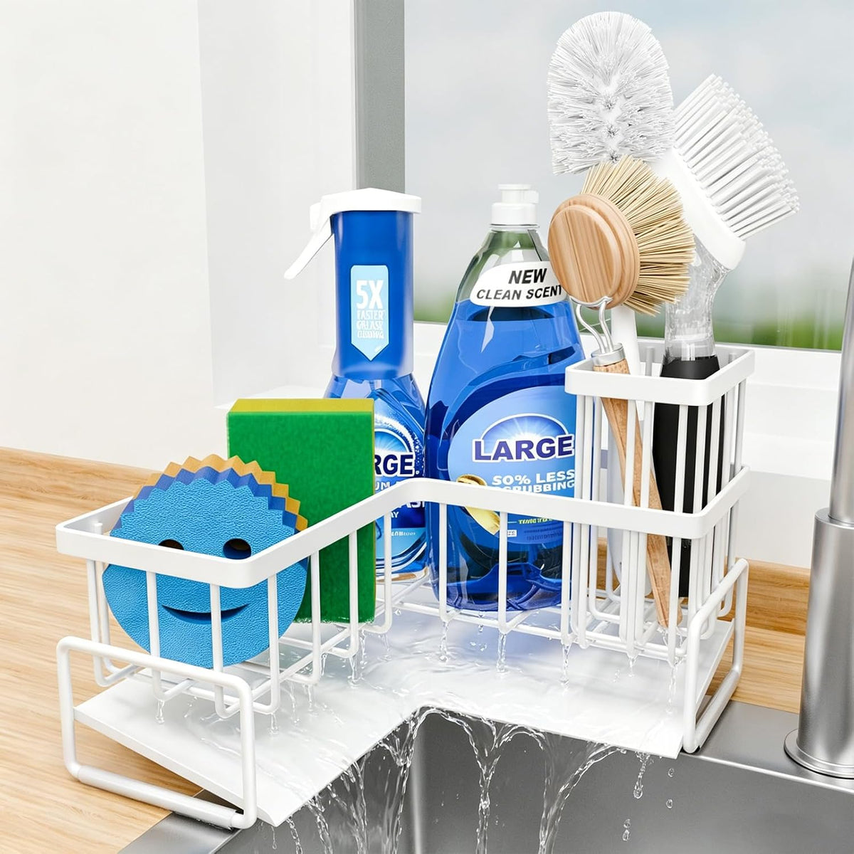 Large Sponge Holder for Kitchen Sink, 90-Degree Sink Caddy Storage | Self Draining Sponge Rack for Countertop, Metal L-Shaped Dish Soap Organizer with Brush Holder, Corner Sink Storage Ideas - view 7