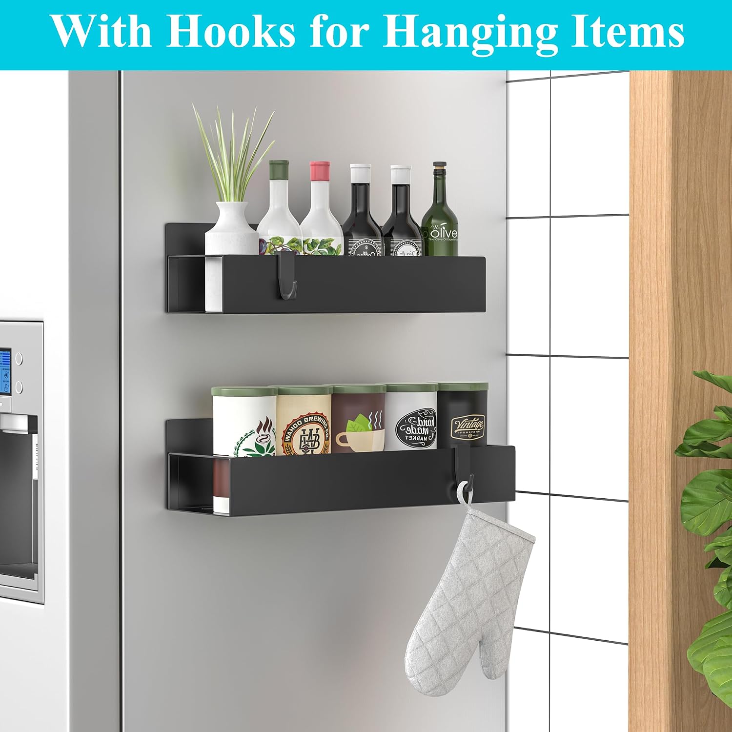 2 pack magnetic spice storage rack organizer for refrigerator and oven, matt black fridge organizers and storage | magnetic shelves heavy duty for fridge in kitchen, seasoning storage organizer, for oven washer and dryer, for heavier items - view 2