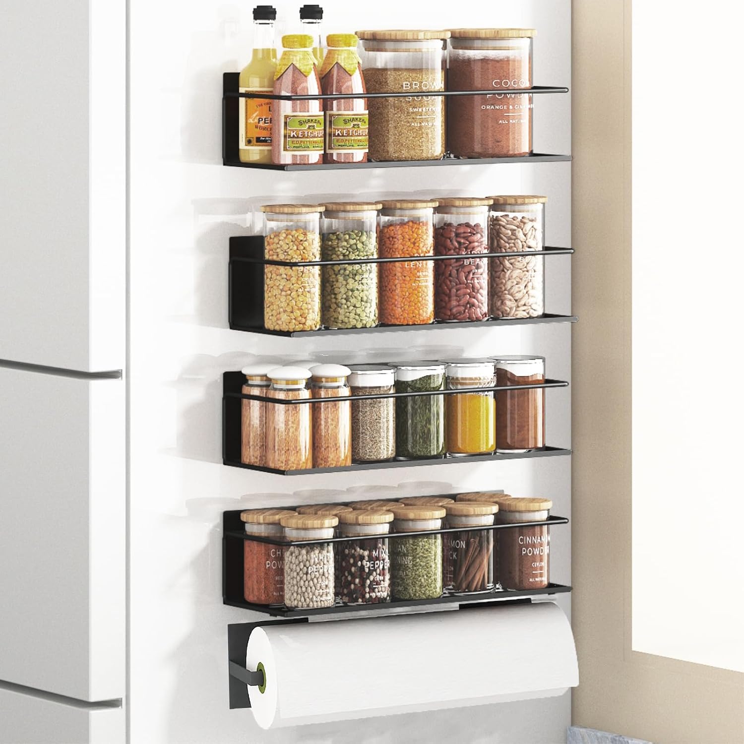 Magnetic spice rack for refrigerator, magnetic fridge shelf for kitchen, magnetic shelf for fridge space saving black 4 pack with magnetic paper towel holder
