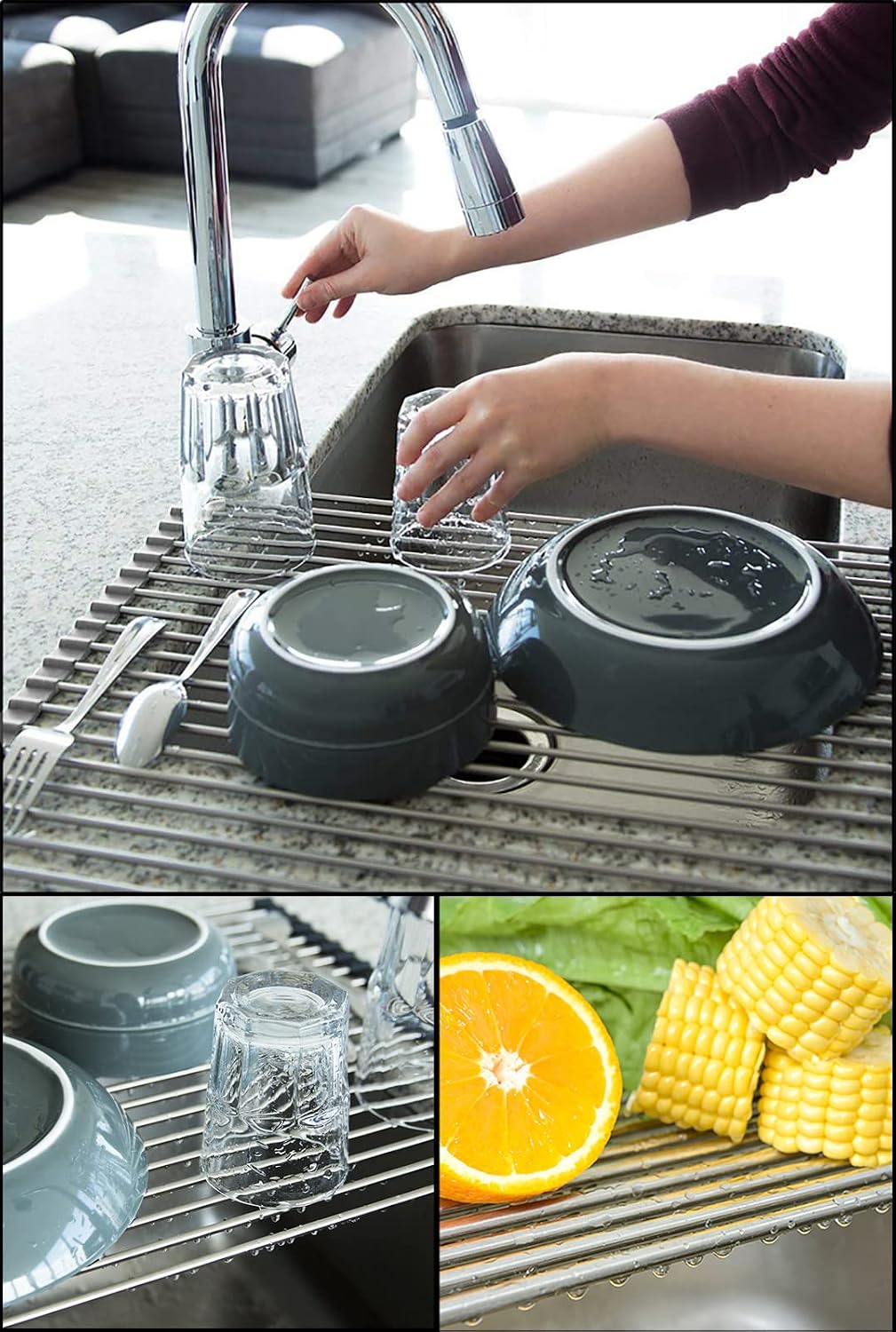 17.7" x 15.5" Roll Up Dish Drying Rack Over Sink Drying Rack Sink Cover Kitchen Sink Accessories Gadget Multipurpose Organizer Foldable Stainless Steel Drainer (Grey) | Anti-Slip Silicone Rims For Grip, Heat-Resistant Trivet Mat Holding Heavy Cookware, Ru - view 3