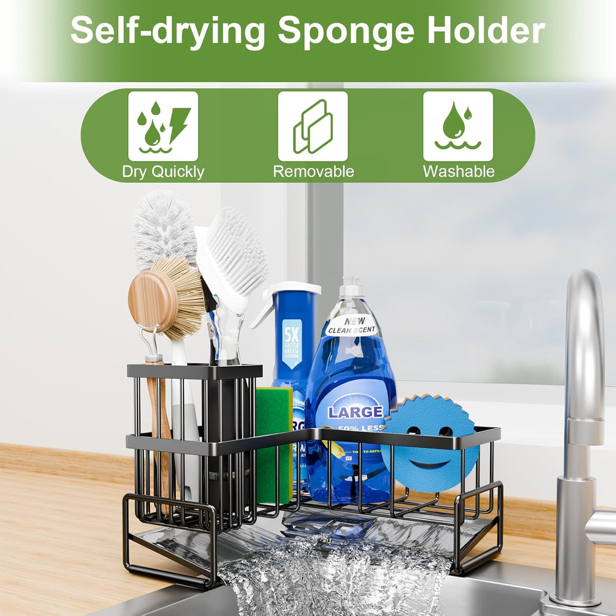Large Sponge Holder for Kitchen Sink, 90-Degree Sink Caddy Storage | Self Draining Sponge Rack for Countertop, Metal L-Shaped Dish Soap Organizer with Brush Holder, Corner Sink Storage Ideas - view 6