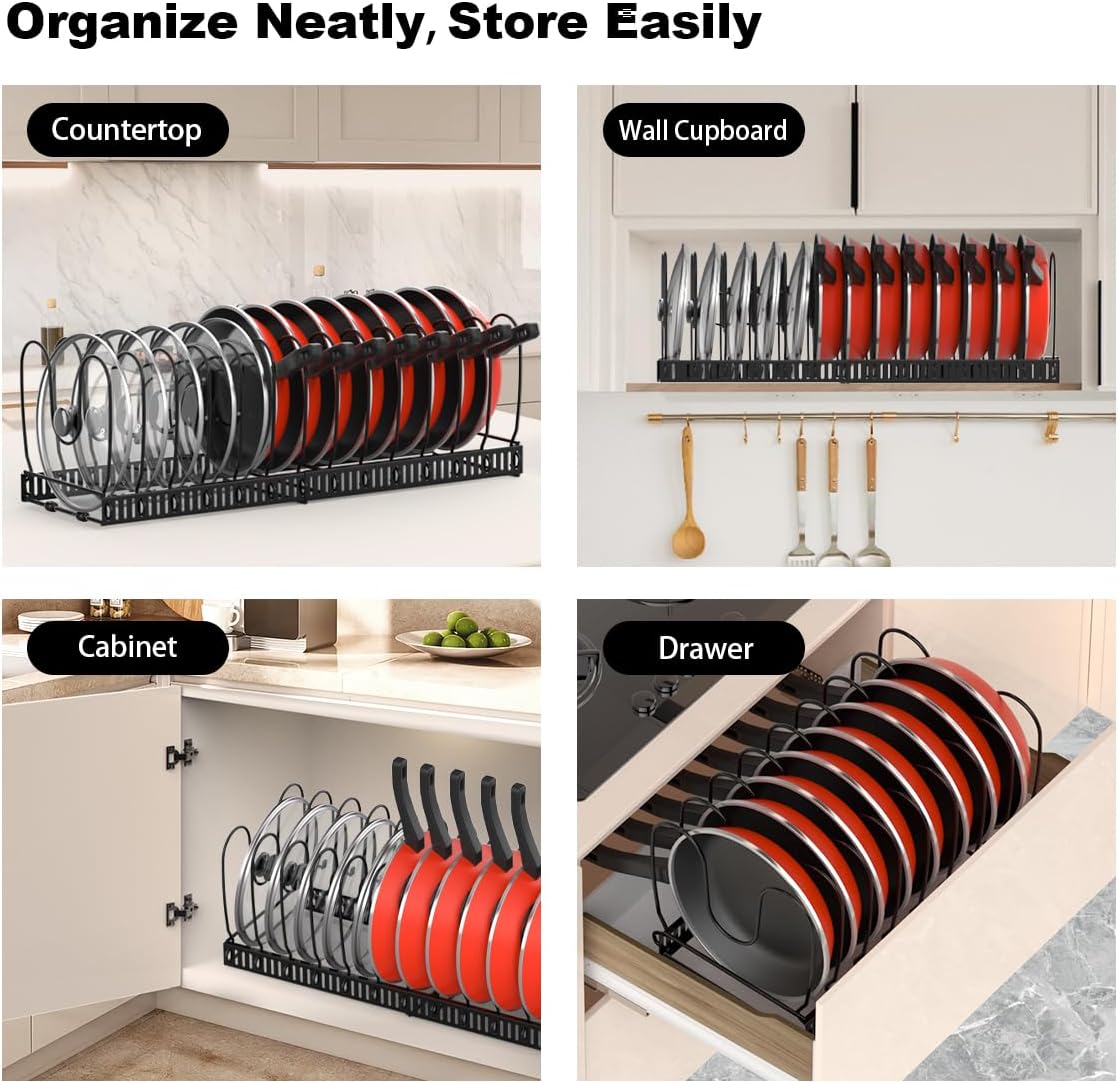 Pot and Pan Lid Organizer Holder Storage Rack, Black | 12"-23" Expandable, 14 Adjustable Dividers, Sturdy Metal Construction, Easy Assembly - view 6