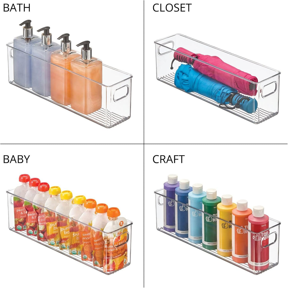 Plastic Kitchen Organizer - Storage Holder Bin with Handles for Pantry, Cupboard, Cabinet, Fridge/Freezer, Shelves, and Counter - Holds Canned Food, Snacks - 2 Pack - Clear - view 6