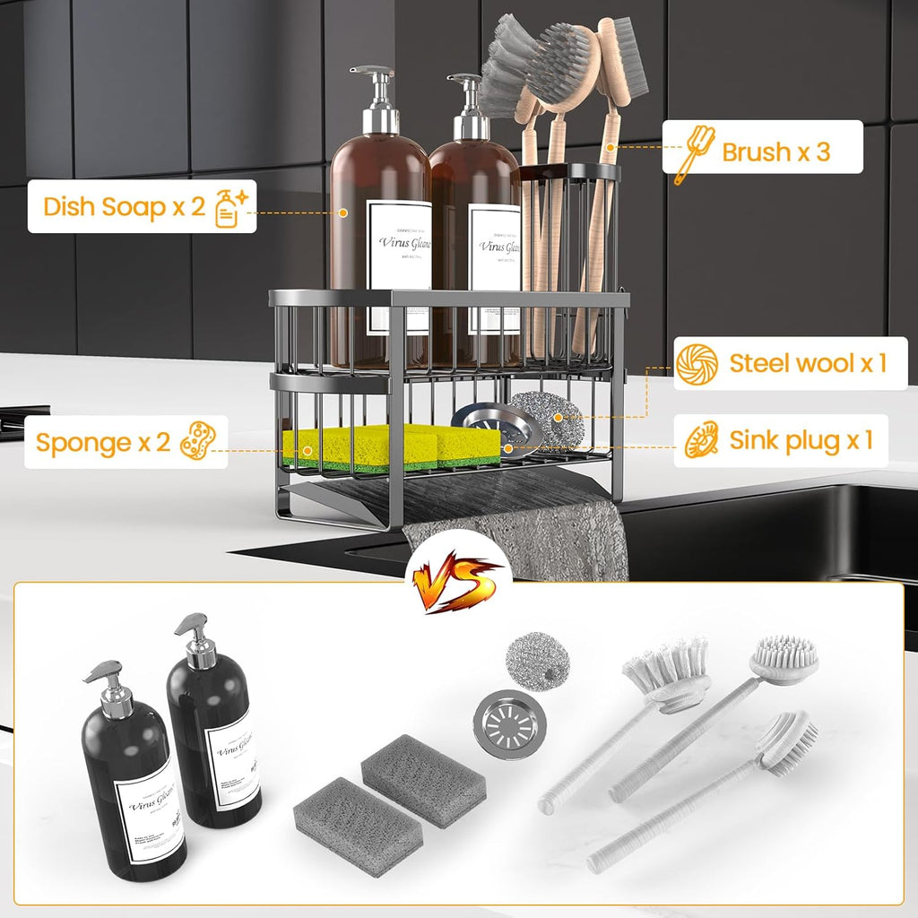 Kitchen Sink Organizer Caddy, 2 Tier Sink Caddy Organizer with High Brush Holder, Rust-Proof Countertop Rack (Black 10.6 * 4.3 * 5.7") for Kitchen Accessories & Dish Brushes - view 4