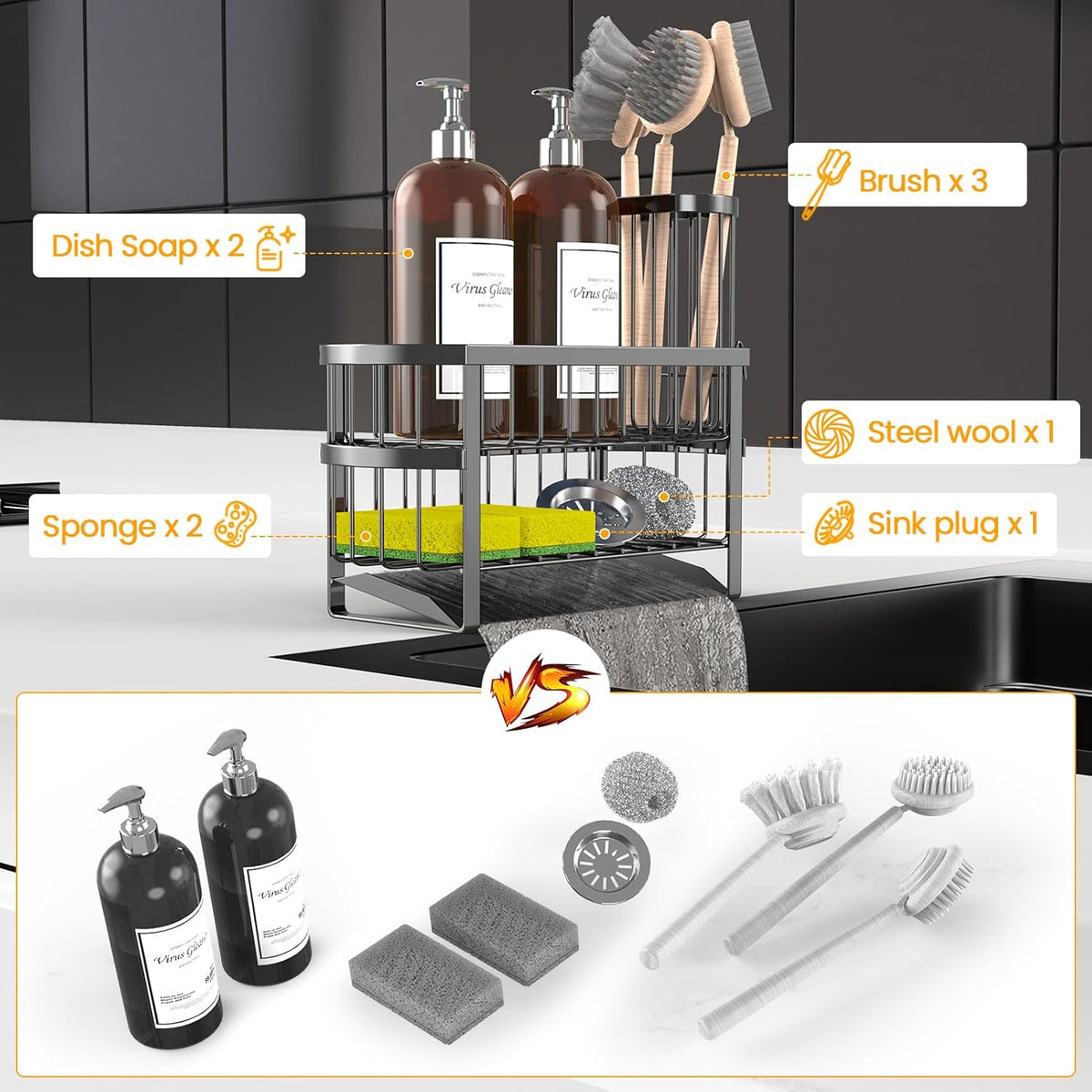 Kitchen Sink Organizer Caddy, 2 Tier Sink Caddy Organizer with High Brush Holder, Rust-Proof Countertop Rack (Black 10.6 * 4.3 * 5.7") for Kitchen Accessories & Dish Brushes - view 4