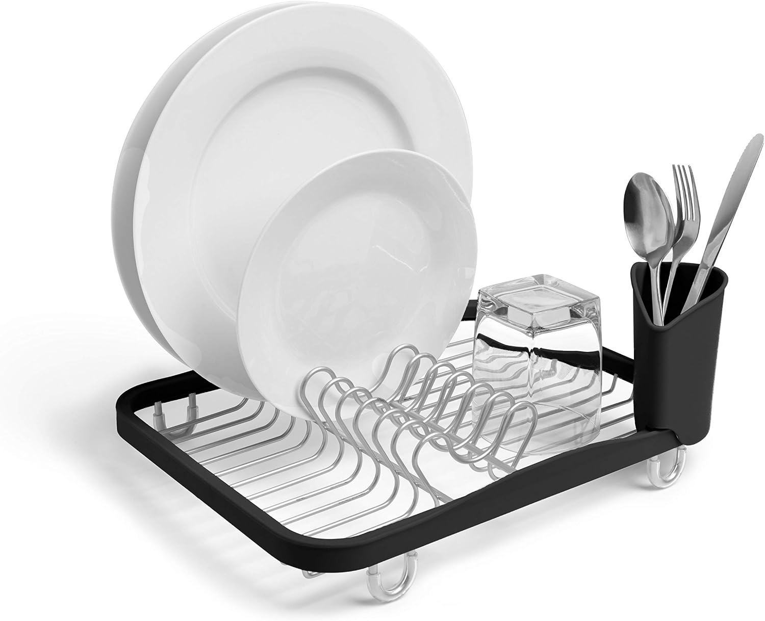 Sinkin Dish Drying Rack, in Sink or Countertop Drainer, Black/Nickel | Removable utensil holder, non slip rubber feet, fits standard sizes, coated wire and plastic