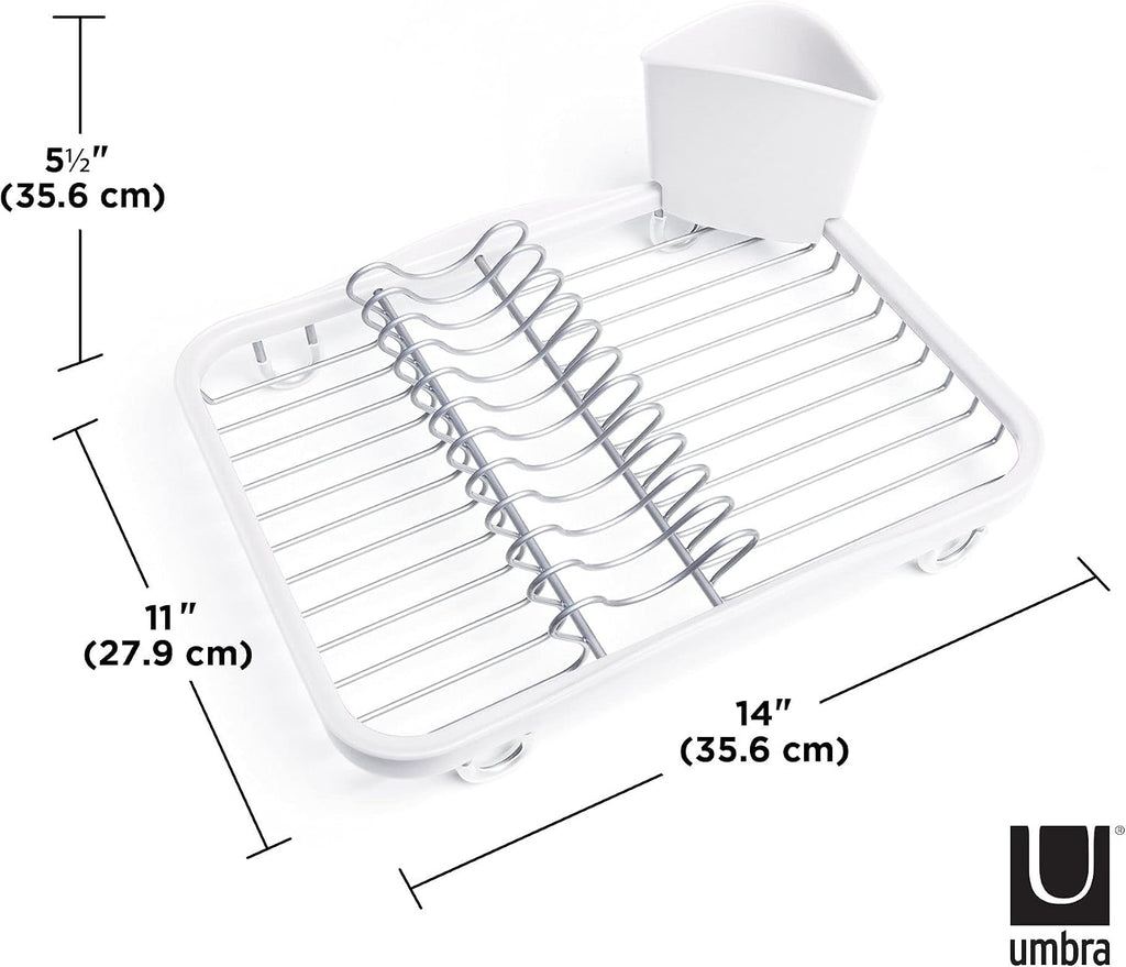 Sinkin Dish Drying Rack, in Sink or Countertop Drainer, White/Nickel | Removable utensil holder, non slip rubber feet, fits standard sizes, coated wire and plastic - view 4