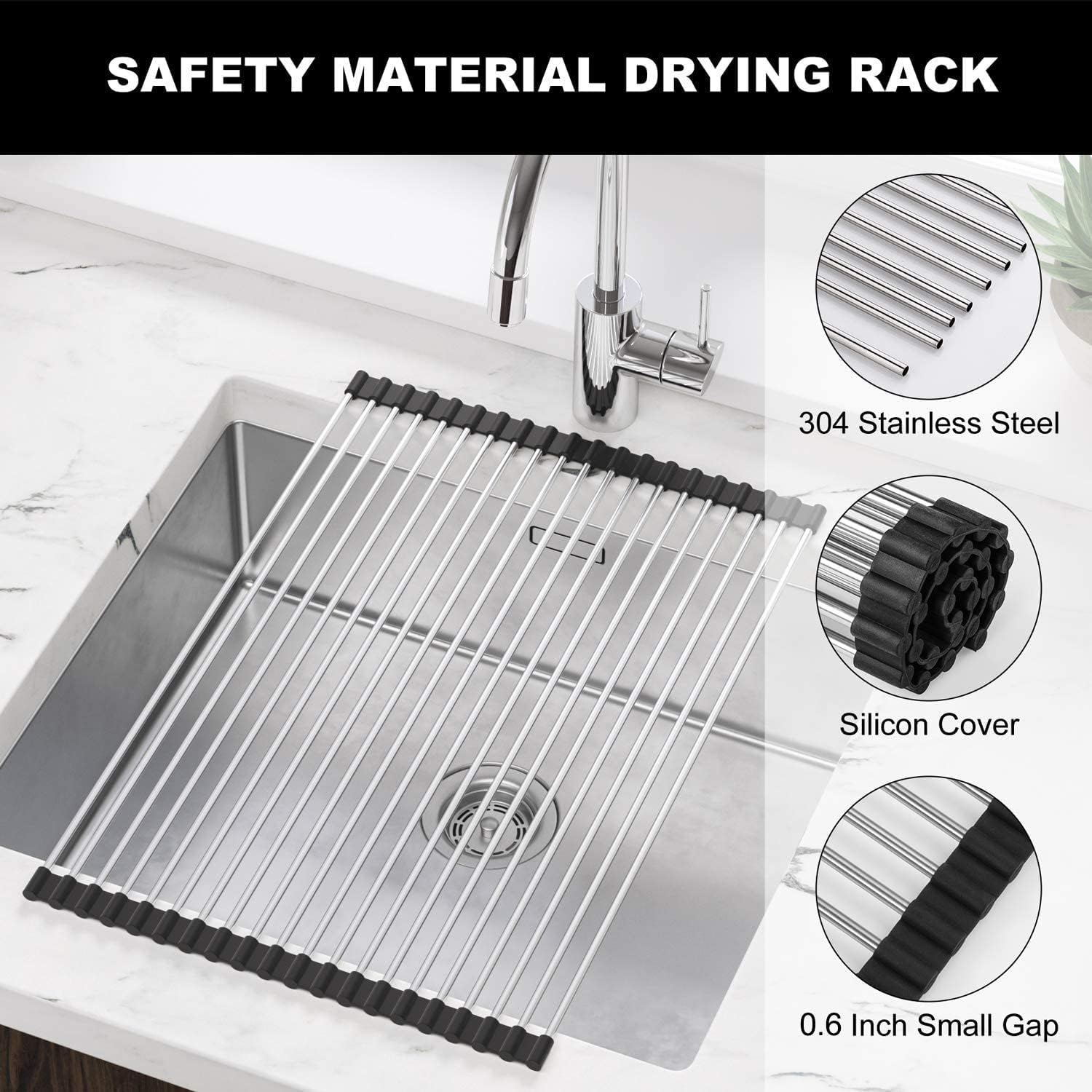 SunCleanse Roll Up Dish Drying Rack, Over The Sink Dish Drying Rack Kitchen Rolling Dish Drainer, Foldable Sink Rack Mat for Kitchen Sink Counter (17.8"x11.8") | Kitchen counter mat, rolling design, stainless steel, multipurpose, space-saving and stable - view 4