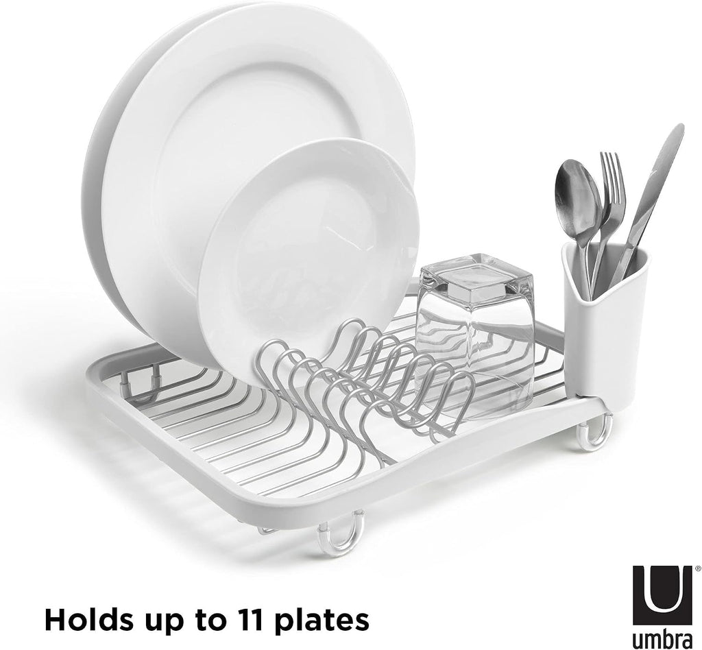 Sinkin Dish Drying Rack, in Sink or Countertop Drainer, White/Nickel | Removable utensil holder, non slip rubber feet, fits standard sizes, coated wire and plastic - view 2