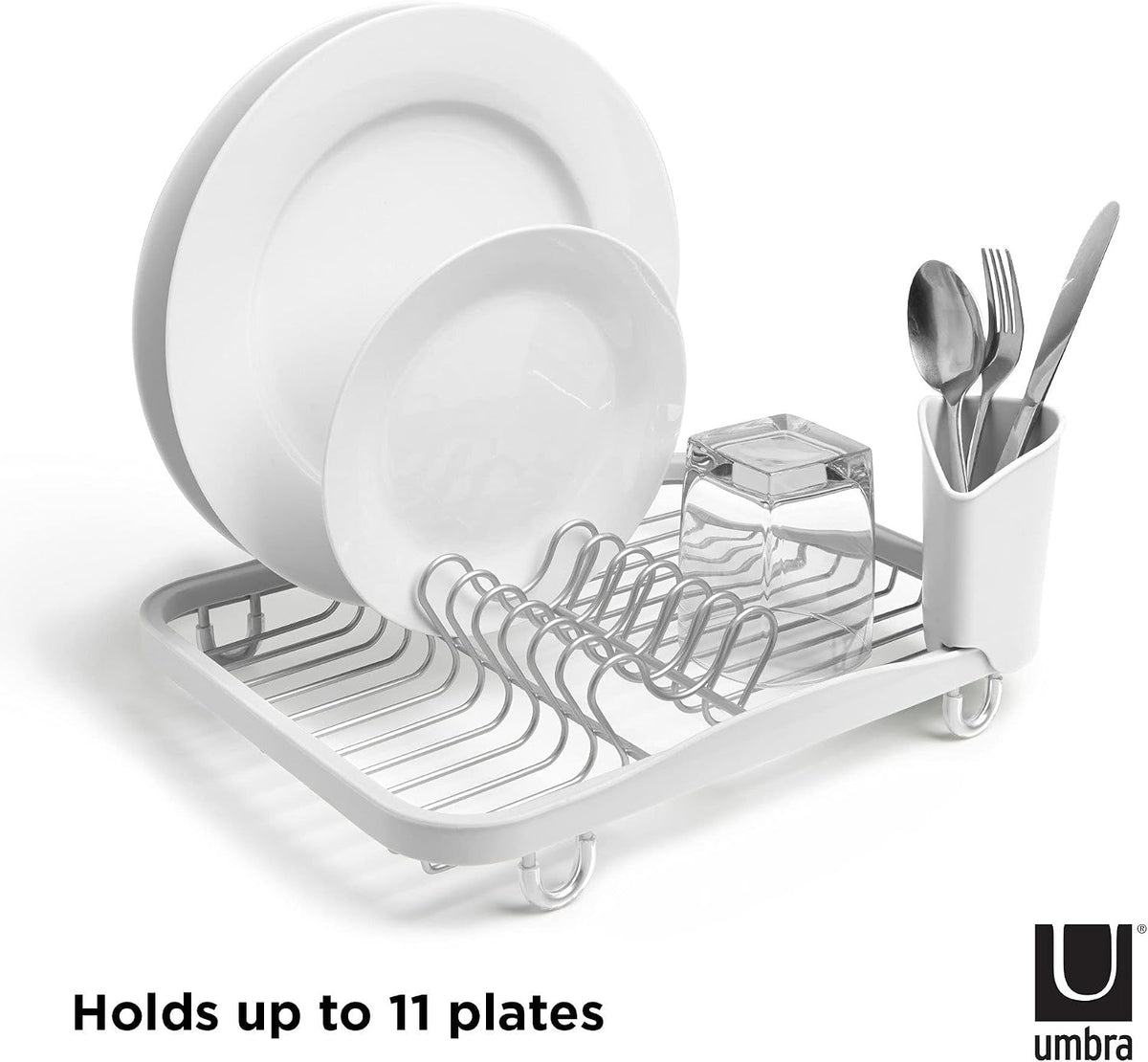Sinkin Dish Drying Rack, in Sink or Countertop Drainer, White/Nickel | Removable utensil holder, non slip rubber feet, fits standard sizes, coated wire and plastic - view 2
