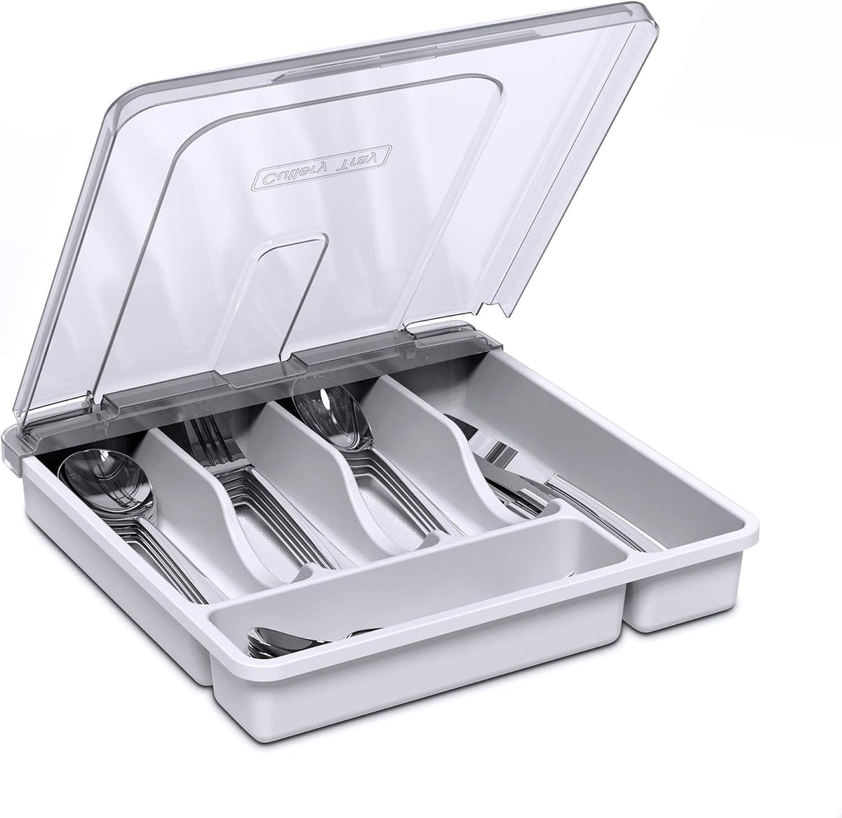 Utensil holder for countertop with lid, plastic silverware tray for drawer, 5 compartments flatware organizer, white