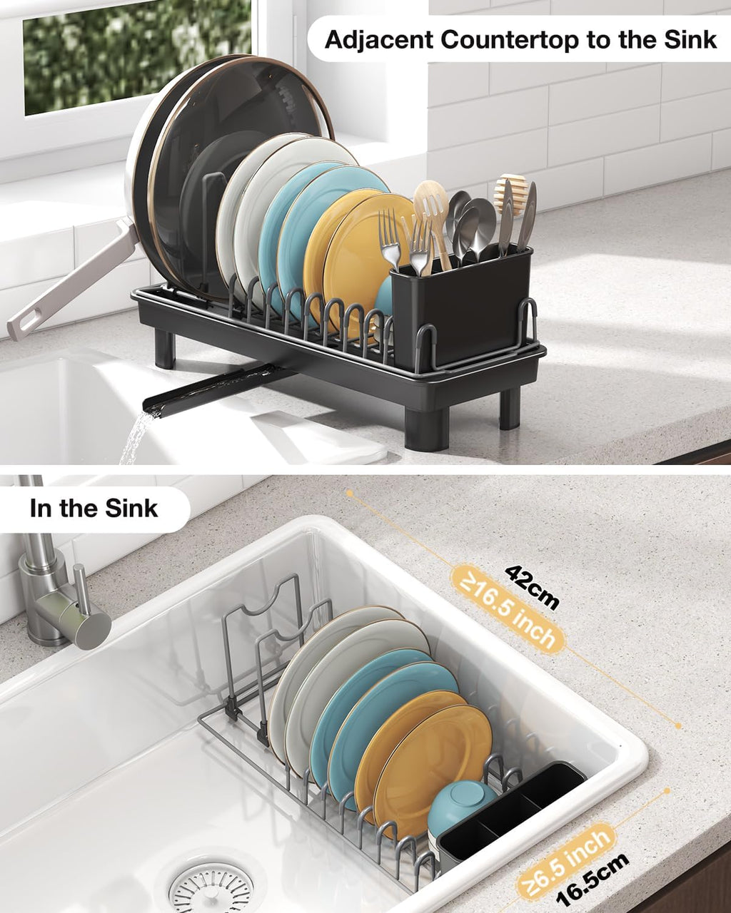 Small Dish Drying Rack with Drainboard, Compact for Kitchen Counter, Black | Rustproof carbon steel with rotating spout, adjustable slots, removable utensil caddy. Space-saving - view 3
