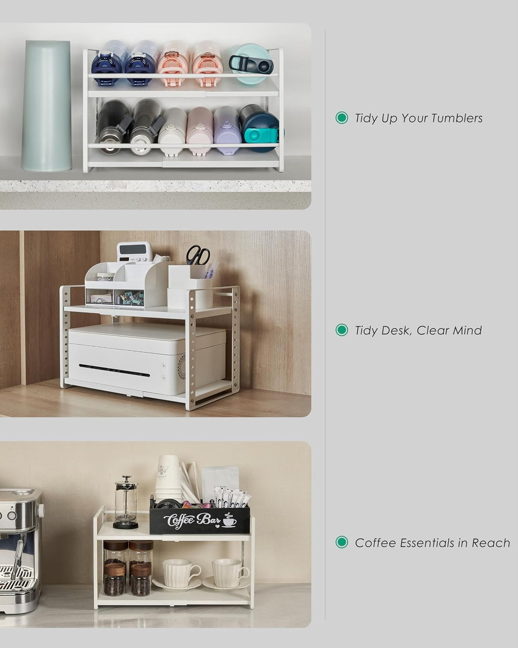Expandable Cabinet Shelf Organizer, 2-Tier Countertop Storage Riser | Heavy-Duty Metal, Holds 80 lb, Adjusts Wide, 13 Height Slots, Tilt Option, for Kitchen, Pantry & Cupboard, Under Sink, White - view 4