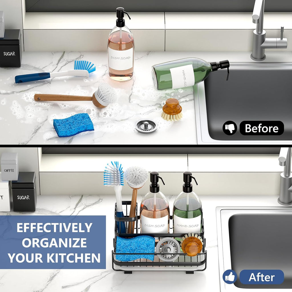 Trendy Sink Caddy Kitchen Organizer, Non-Slip Dish Soap Dispenser Rack with Drain Tray, Rustproof Brush Holder for Countertop Storage (Matte Black) - view 7